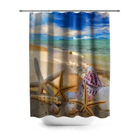 Штора 3D для ванной с принтом Морской пляж 2 , 100% полиэстер | плотность материала — 100 г/м2. Стандартный размер — 146 см х 180 см. По верхнему краю — пластиковые люверсы для креплений. В комплекте 10 пластиковых колец | море | отдых | отпуск | пляж | ракушки | туризм