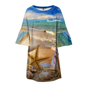 Детское платье 3D с принтом Морской пляж 2 , 100% полиэстер | прямой силуэт, чуть расширенный к низу. Круглая горловина, на рукавах — воланы | Тематика изображения на принте: море | отдых | отпуск | пляж | ракушки | туризм