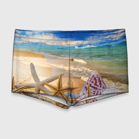 Мужские купальные плавки 3D с принтом Морской пляж 2 , Полиэстер 85%, Спандекс 15% |  | Тематика изображения на принте: море | отдых | отпуск | пляж | ракушки | туризм