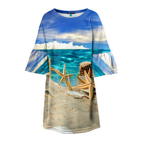 Детское платье 3D с принтом Морской пляж 4 , 100% полиэстер | прямой силуэт, чуть расширенный к низу. Круглая горловина, на рукавах — воланы | Тематика изображения на принте: море | отдых | отпуск | пляж | ракушки | туризм