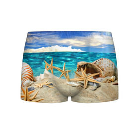 Мужские трусы 3D с принтом Морской пляж 4 , 50% хлопок, 50% полиэстер | классическая посадка, на поясе мягкая тканевая резинка | море | отдых | отпуск | пляж | ракушки | туризм