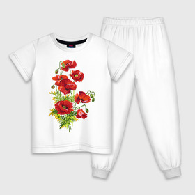 Детская пижама хлопок с принтом Маки , 100% хлопок |  брюки и футболка прямого кроя, без карманов, на брюках мягкая резинка на поясе и по низу штанин
 | embroidery | flowers | poppies | red | wild | вышивка | красные | маки | полевые | цветы