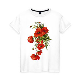 Женская футболка хлопок с принтом Маки , 100% хлопок | прямой крой, круглый вырез горловины, длина до линии бедер, слегка спущенное плечо | embroidery | flowers | poppies | red | wild | вышивка | красные | маки | полевые | цветы