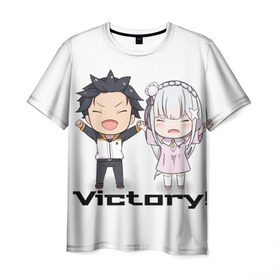 Мужская футболка 3D с принтом Re:ZERO VICTORY! , 100% полиэфир | прямой крой, круглый вырез горловины, длина до линии бедер | emilia | natsuki | re:zero | re:zero kara hajimeru isekai seikatsu | subaru | victory