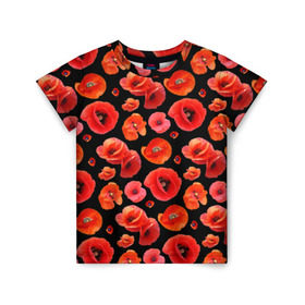 Детская футболка 3D с принтом Маки , 100% гипоаллергенный полиэфир | прямой крой, круглый вырез горловины, длина до линии бедер, чуть спущенное плечо, ткань немного тянется | flowers | красные | маки | цветы