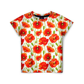 Детская футболка 3D с принтом Маки , 100% гипоаллергенный полиэфир | прямой крой, круглый вырез горловины, длина до линии бедер, чуть спущенное плечо, ткань немного тянется | flowers | красные | маки | паттерн | цветы