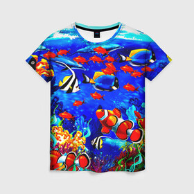 Женская футболка 3D с принтом Рыбки , 100% полиэфир ( синтетическое хлопкоподобное полотно) | прямой крой, круглый вырез горловины, длина до линии бедер | аквариум | вода | лето | море | риф | рыбки | тропики | фауна