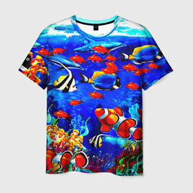 Мужская футболка 3D с принтом Рыбки , 100% полиэфир | прямой крой, круглый вырез горловины, длина до линии бедер | аквариум | вода | лето | море | риф | рыбки | тропики | фауна