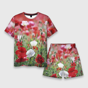 Мужской костюм с шортами 3D с принтом Маки ,  |  | Тематика изображения на принте: field | flowers | meadow | poppies | red | white | белые | красные | луг | маки | поле | полевые | цветы