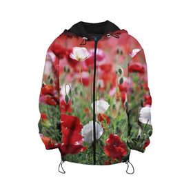 Детская куртка 3D с принтом Маки , 100% полиэстер | застежка — молния, подол и капюшон оформлены резинкой с фиксаторами, по бокам — два кармана без застежек, один потайной карман на груди, плотность верхнего слоя — 90 г/м2; плотность флисового подклада — 260 г/м2 | Тематика изображения на принте: field | flowers | meadow | poppies | red | white | белые | красные | луг | маки | поле | полевые | цветы