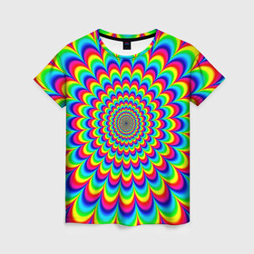 Женская футболка 3D с принтом Psychedelic , 100% полиэфир ( синтетическое хлопкоподобное полотно) | прямой крой, круглый вырез горловины, длина до линии бедер | круги | радужный | разоцветный | яркий