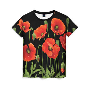 Женская футболка 3D с принтом Маки , 100% полиэфир ( синтетическое хлопкоподобное полотно) | прямой крой, круглый вырез горловины, длина до линии бедер | Тематика изображения на принте: field | flowers | meadow | poppies | red | white | белые | красные | луг | маки | поле | полевые | цветы