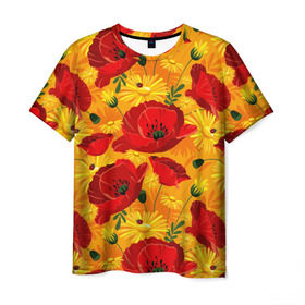 Мужская футболка 3D с принтом Маки , 100% полиэфир | прямой крой, круглый вырез горловины, длина до линии бедер | background | field | flowers | orange | poppies | red | yellow daisies | желтые ромашки | красные | маки | оранжевый | полевые | фон | цветы