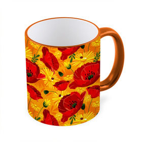 Кружка 3D с принтом Маки , керамика | ёмкость 330 мл | background | field | flowers | orange | poppies | red | yellow daisies | желтые ромашки | красные | маки | оранжевый | полевые | фон | цветы