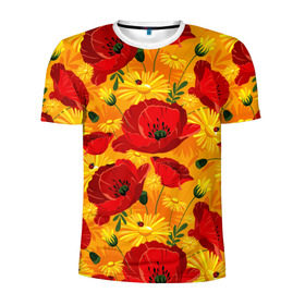 Мужская футболка 3D спортивная с принтом Маки , 100% полиэстер с улучшенными характеристиками | приталенный силуэт, круглая горловина, широкие плечи, сужается к линии бедра | background | field | flowers | orange | poppies | red | yellow daisies | желтые ромашки | красные | маки | оранжевый | полевые | фон | цветы