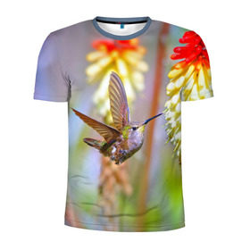Мужская футболка 3D спортивная с принтом Колибри , 100% полиэстер с улучшенными характеристиками | приталенный силуэт, круглая горловина, широкие плечи, сужается к линии бедра | лепесток | новая | природа | птичка | цветок | яркая