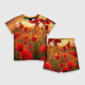 Детский костюм с шортами 3D с принтом Маки ,  |  | field | flowers | meadow | nature | poppies | red | sky | summer | sun | sunset | wild | закат | красные | лето | луг | маки | небо | поле | полевые | природа | солнце | цветы