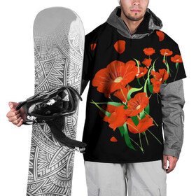 Накидка на куртку 3D с принтом Маки , 100% полиэстер |  | background | black | flowers | flying | petals | poppies | red | wild | wind | ветер | красные | лепестки | летят | маки | полевые | фон | цветы | черный
