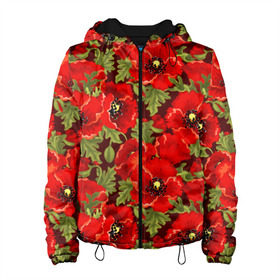 Женская куртка 3D с принтом Маки , ткань верха — 100% полиэстер, подклад — флис | прямой крой, подол и капюшон оформлены резинкой с фиксаторами, два кармана без застежек по бокам, один большой потайной карман на груди. Карман на груди застегивается на липучку | Тематика изображения на принте: flowers | poppies | red | wild | красные | мак | маки | полевые | цветы