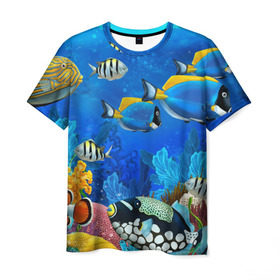 Мужская футболка 3D с принтом Экзотические рыбки , 100% полиэфир | прямой крой, круглый вырез горловины, длина до линии бедер | Тематика изображения на принте: животые | красочные | морские | рыбки | цветные | экзотические