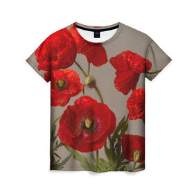 Женская футболка 3D с принтом Маки 2 , 100% полиэфир ( синтетическое хлопкоподобное полотно) | прямой крой, круглый вырез горловины, длина до линии бедер | маки | цветы