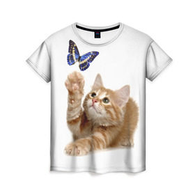 Женская футболка 3D с принтом Котенок и бабочка 2 , 100% полиэфир ( синтетическое хлопкоподобное полотно) | прямой крой, круглый вырез горловины, длина до линии бедер | бабочка | кот | котенок | кошка | мордочка