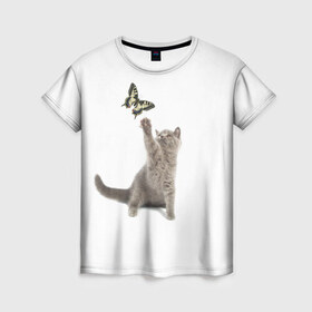 Женская футболка 3D с принтом Котенок и бабочка 3 , 100% полиэфир ( синтетическое хлопкоподобное полотно) | прямой крой, круглый вырез горловины, длина до линии бедер | кот | кошка