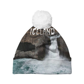 Шапка 3D c помпоном с принтом Исландия. Водопад , 100% полиэстер | универсальный размер, печать по всей поверхности изделия | исландия