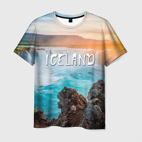 Мужская футболка 3D с принтом Исландия. Водопад , 100% полиэфир | прямой крой, круглый вырез горловины, длина до линии бедер | Тематика изображения на принте: исландия