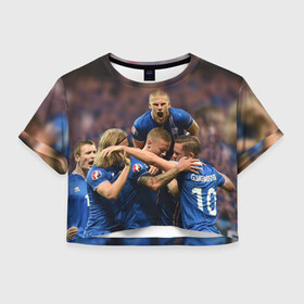 Женская футболка 3D укороченная с принтом Сборная Исландии по футболу , 100% полиэстер | круглая горловина, длина футболки до линии талии, рукава с отворотами | euro 2016