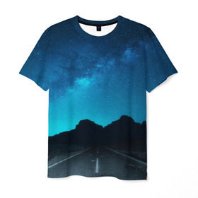 Мужская футболка 3D с принтом Дорога под чистым небом , 100% полиэфир | прямой крой, круглый вырез горловины, длина до линии бедер | osfenemy | горы | дорога | звезды | космос | красиво | небо | пейзаж | путь | черный | чудо