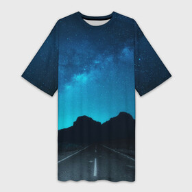 Платье-футболка 3D с принтом Дорога под чистым небом ,  |  | osfenemy | горы | дорога | звезды | космос | красиво | небо | пейзаж | путь | черный | чудо