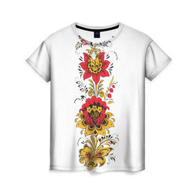 Женская футболка 3D с принтом Хохлома 2 , 100% полиэфир ( синтетическое хлопкоподобное полотно) | прямой крой, круглый вырез горловины, длина до линии бедер | ветки | лента | лист | народное | россия | русское | узор