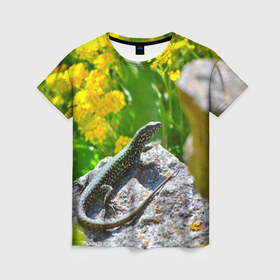 Женская футболка 3D с принтом Ящерица , 100% полиэфир ( синтетическое хлопкоподобное полотно) | прямой крой, круглый вырез горловины, длина до линии бедер | зеленая | поле | природа | ящерица