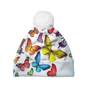 Шапка 3D c помпоном с принтом Butterflies , 100% полиэстер | универсальный размер, печать по всей поверхности изделия | бабочки | белый | картинка | лето | природа | рисунок | розовый | цвета