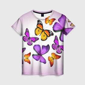Женская футболка 3D с принтом Butterflies , 100% полиэфир ( синтетическое хлопкоподобное полотно) | прямой крой, круглый вырез горловины, длина до линии бедер | бабочки | белый | картинка | лето | природа | рисунок | розовый | цвета