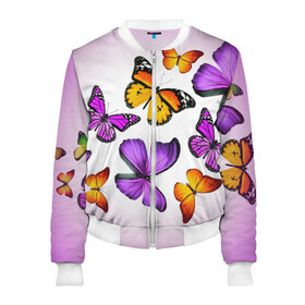 Женский бомбер 3D с принтом Butterflies , 100% полиэстер | застегивается на молнию, по бокам два кармана без застежек, мягкие манжеты, по низу бомбера и на воротнике — эластичная резинка | бабочки | белый | картинка | лето | природа | рисунок | розовый | цвета