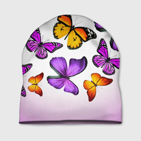Шапка 3D с принтом Butterflies , 100% полиэстер | универсальный размер, печать по всей поверхности изделия | бабочки | белый | картинка | лето | природа | рисунок | розовый | цвета