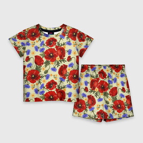 Детский костюм с шортами 3D с принтом Маки ,  |  | background | flower | nature | poppies | poppy | red | summer | wild | красные | лето | мак | маки | полевые | природа | фон | цветы
