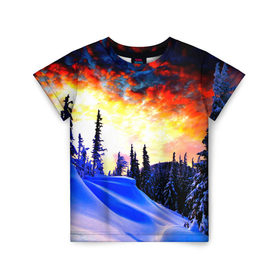 Детская футболка 3D с принтом Зимний лес , 100% гипоаллергенный полиэфир | прямой крой, круглый вырез горловины, длина до линии бедер, чуть спущенное плечо, ткань немного тянется | Тематика изображения на принте: вечер | закат | зима | лес | снег
