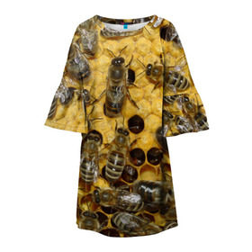 Детское платье 3D с принтом Пчела , 100% полиэстер | прямой силуэт, чуть расширенный к низу. Круглая горловина, на рукавах — воланы | Тематика изображения на принте: лето | мед | насекомые | оса | природа | пчелы | шмель