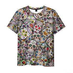 Мужская футболка 3D с принтом Мексиканские черепа , 100% полиэфир | прямой крой, круглый вырез горловины, длина до линии бедер | calavera | sugar skull | день мертвых | мексика | традиция | узоры | цветы