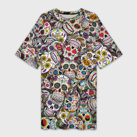 Платье-футболка 3D с принтом Мексиканские черепа ,  |  | Тематика изображения на принте: calavera | sugar skull | день мертвых | мексика | традиция | узоры | цветы