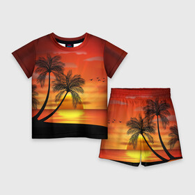 Детский костюм с шортами 3D с принтом Закат 1 ,  |  | море | отдых | отпуск | пальмы | пляж | солнце | туризм
