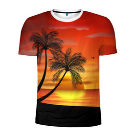 Мужская футболка 3D спортивная с принтом Закат 1 , 100% полиэстер с улучшенными характеристиками | приталенный силуэт, круглая горловина, широкие плечи, сужается к линии бедра | море | отдых | отпуск | пальмы | пляж | солнце | туризм