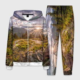 Мужской костюм 3D с принтом Восход , 100% полиэстер | Манжеты и пояс оформлены тканевой резинкой, двухслойный капюшон со шнурком для регулировки, карманы спереди | горы | лес | небо | пейзаж | природа | солнце