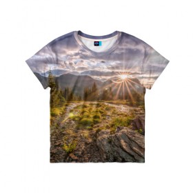 Детская футболка 3D с принтом Восход , 100% гипоаллергенный полиэфир | прямой крой, круглый вырез горловины, длина до линии бедер, чуть спущенное плечо, ткань немного тянется | горы | лес | небо | пейзаж | природа | солнце
