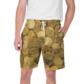 Мужские шорты 3D с принтом монетки ,  полиэстер 100% | прямой крой, два кармана без застежек по бокам. Мягкая трикотажная резинка на поясе, внутри которой широкие завязки. Длина чуть выше колен | деньги | евро | копейки | мелочёвка | мелочь | монеты