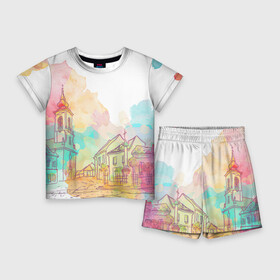 Детский костюм с шортами 3D с принтом акварельный город ,  |  | Тематика изображения на принте: sity | акварель | венеция | вода | город | графика | европа | живопись | лето | лодки | мост | принт | свет