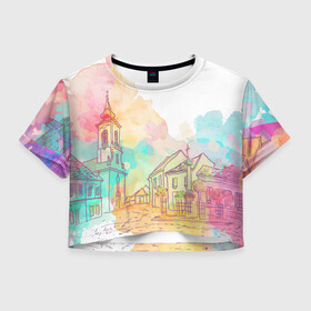 Женская футболка 3D укороченная с принтом акварельный город , 100% полиэстер | круглая горловина, длина футболки до линии талии, рукава с отворотами | sity | акварель | венеция | вода | город | графика | европа | живопись | лето | лодки | мост | принт | свет